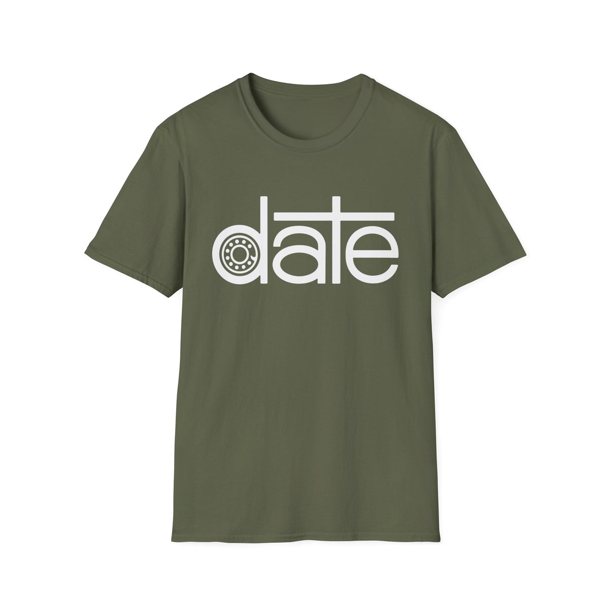 Olive green t-shirt with white "date" graphic featuring a gear-like 'd'.