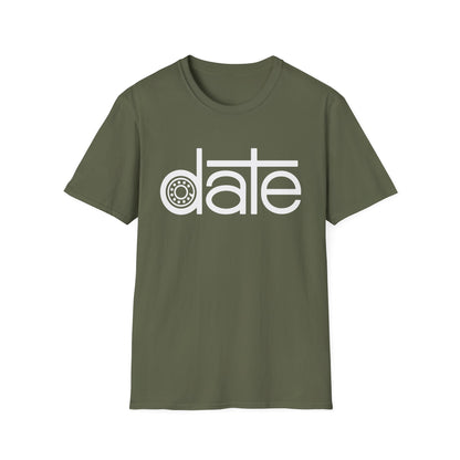 Olive green t-shirt with white "date" graphic featuring a gear-like 'd'.