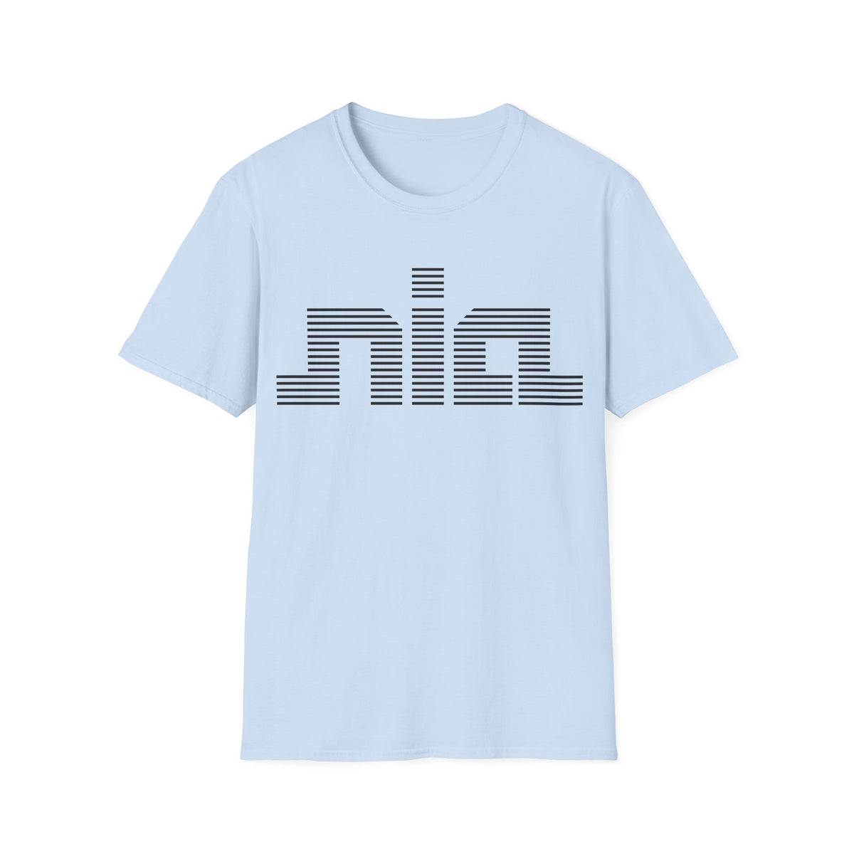 Light blue t-shirt with horizontal black lines forming the word "nia" in the center.
