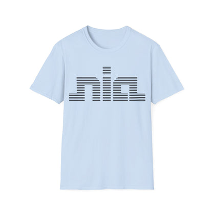 Light blue t-shirt with horizontal black lines forming the word "nia" in the center.