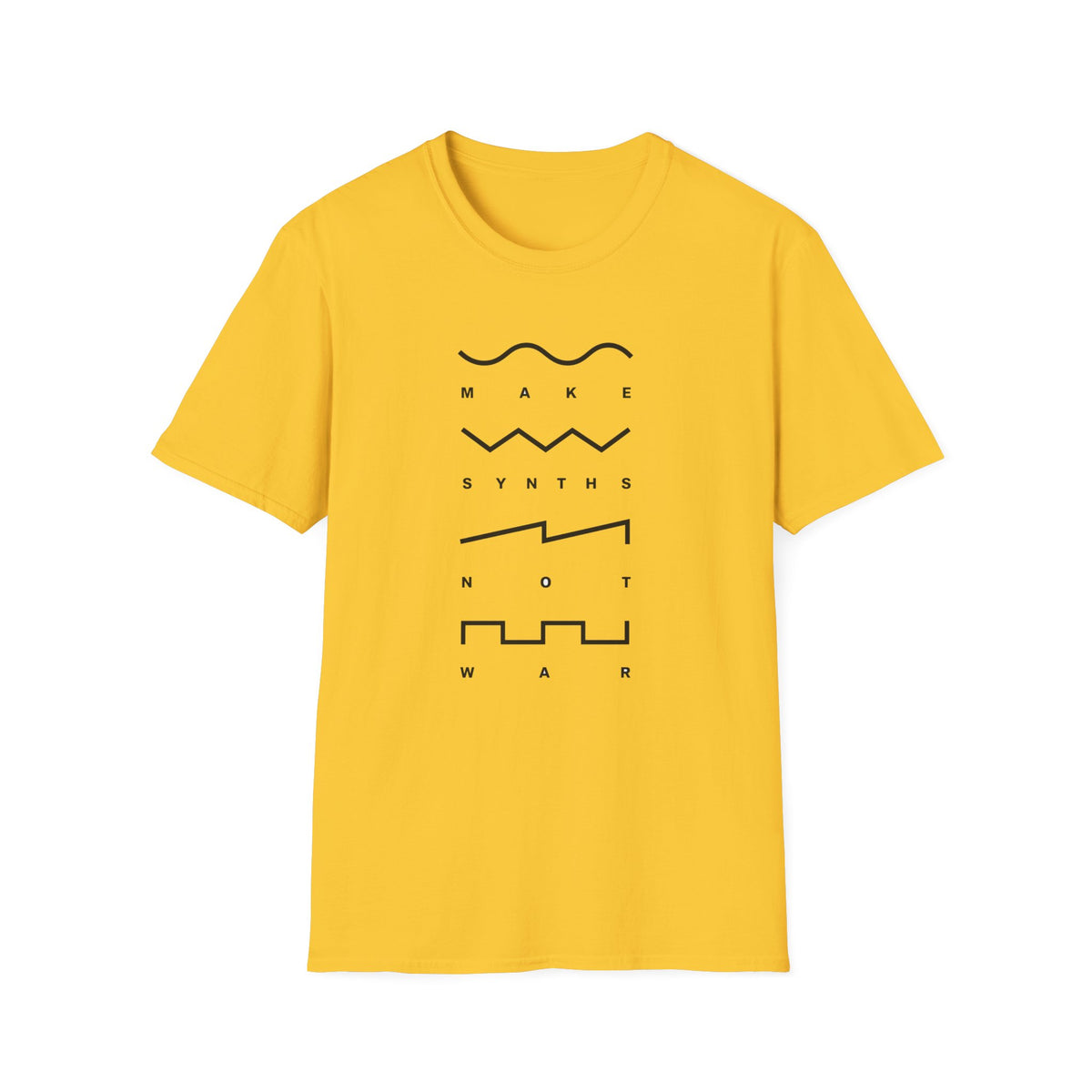 Yellow t-shirt with black text and waveform graphics that read "Make Synths Not War".