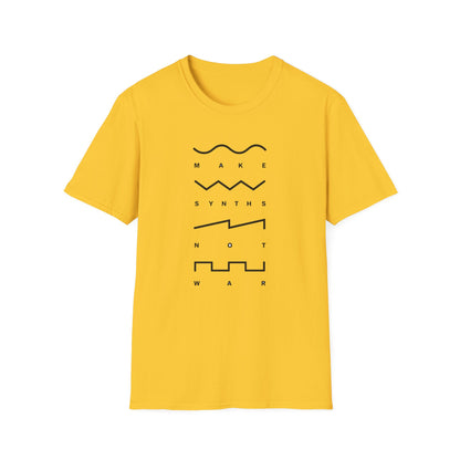 Yellow t-shirt with black text and waveform graphics that read "Make Synths Not War".