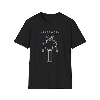 Black t-shirt with white Kraftwerk logo and robot graphic.