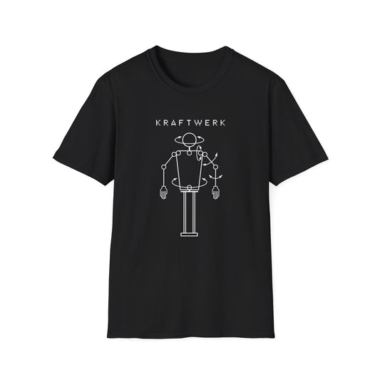 Black t-shirt with white Kraftwerk logo and robot graphic.