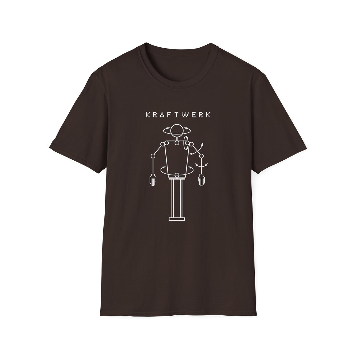 Brown t-shirt with "KRAFTWERK" text and a white outline of a robot.