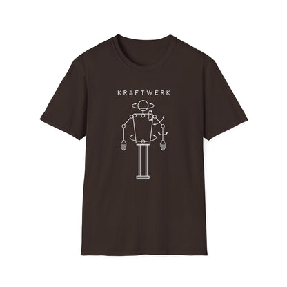 Brown t-shirt with "KRAFTWERK" text and a white outline of a robot.