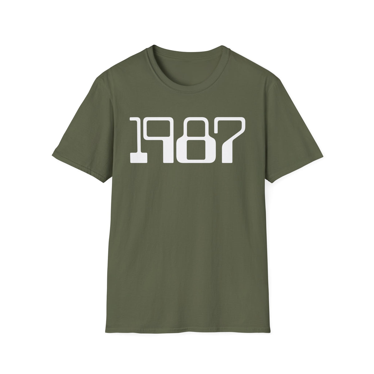 Olive green t-shirt with white "1987" text graphic.