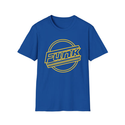 Blue t-shirt with a yellow "Funk" logo inside a circle.