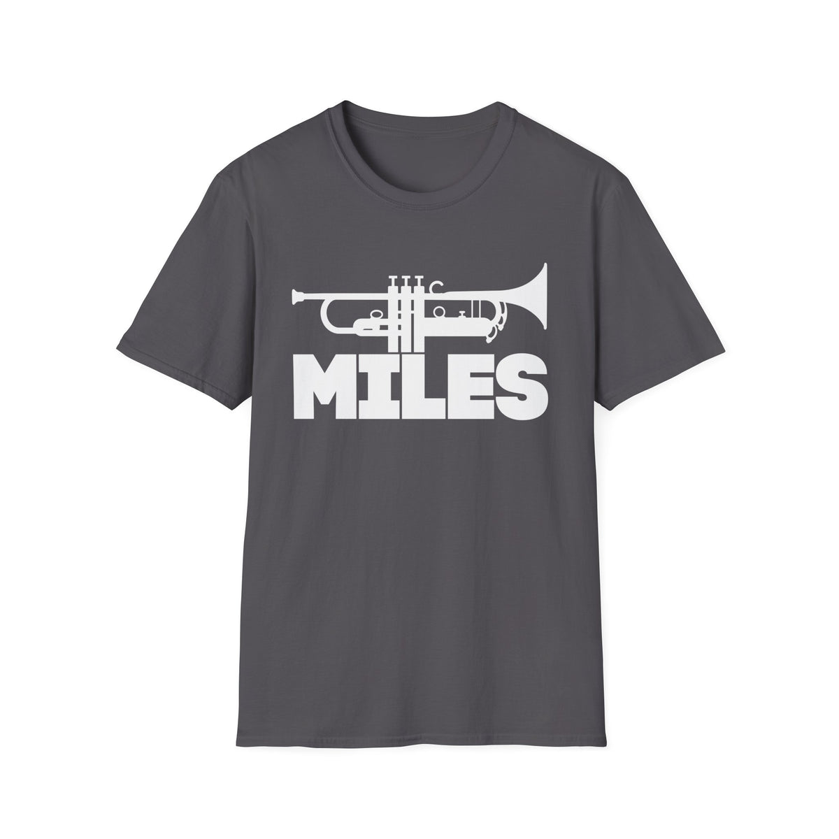 Dark gray t-shirt with white trumpet graphic and the word MILES.
