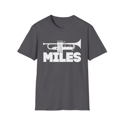 Dark gray t-shirt with white trumpet graphic and the word MILES.