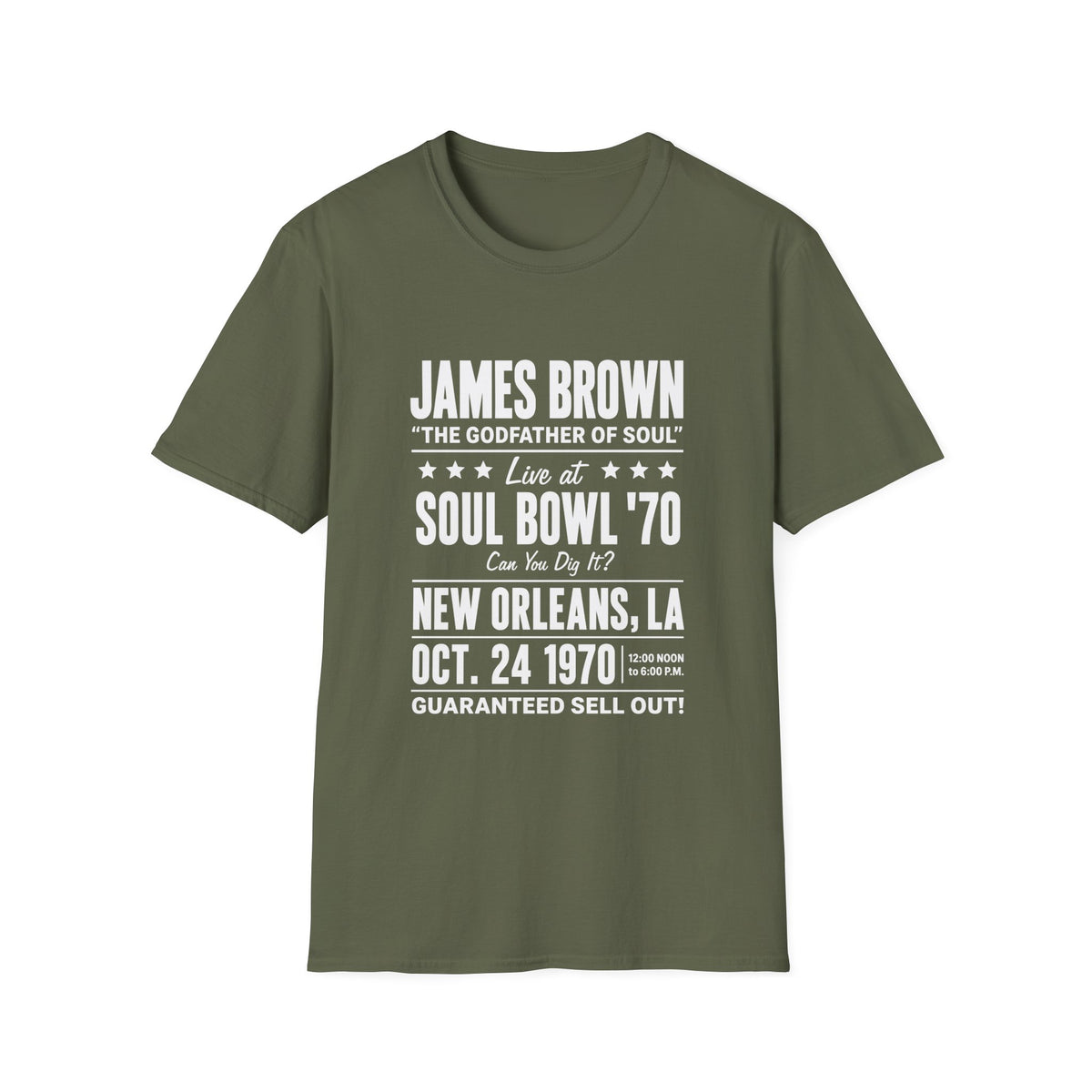 Green t-shirt with James Brown Live at Soul Bowl '70 text.