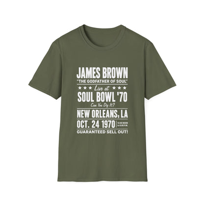 Green t-shirt with James Brown Live at Soul Bowl '70 text.