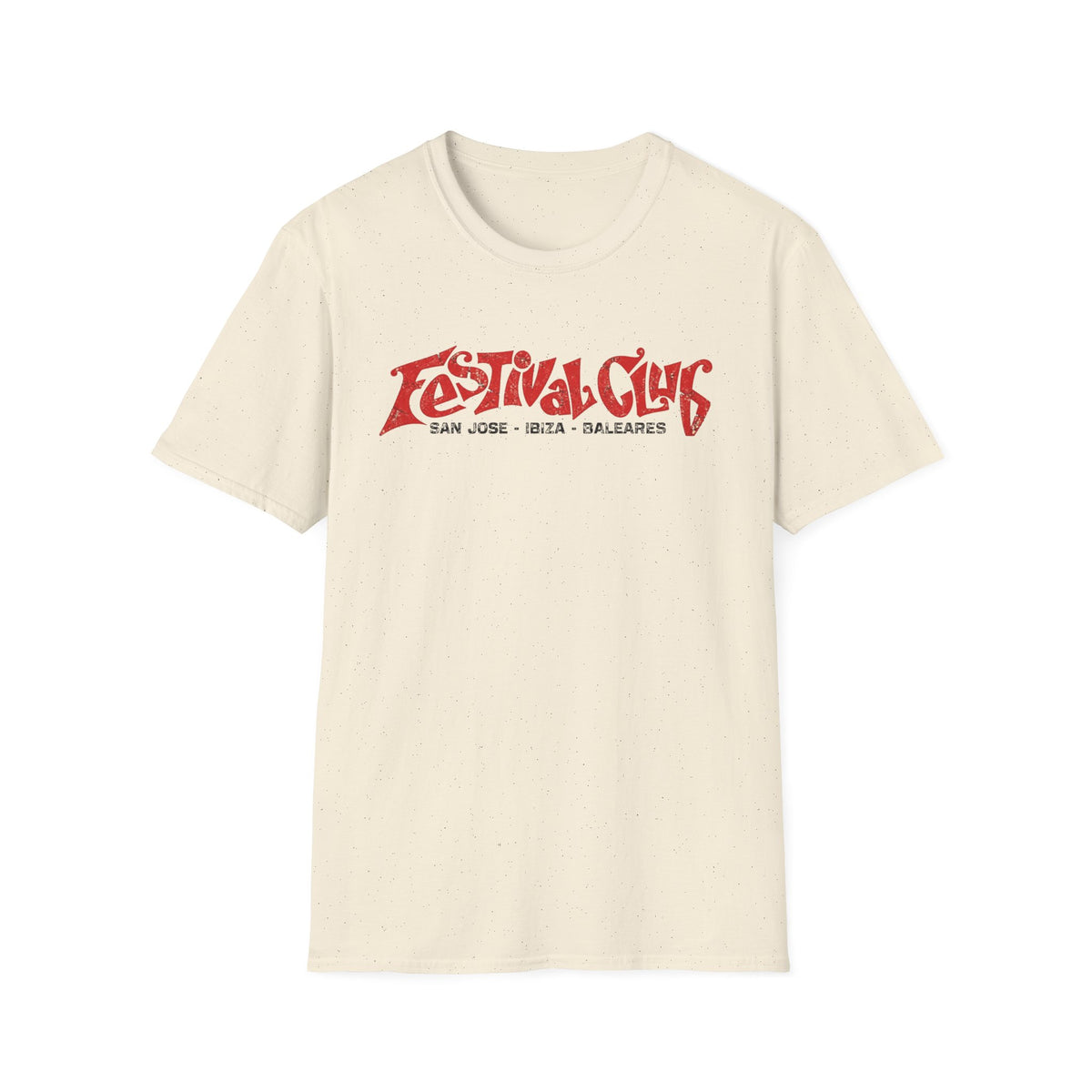 Cream t-shirt with red distressed "Festival Club San Jose - Ibiza - Baleares" graphic.