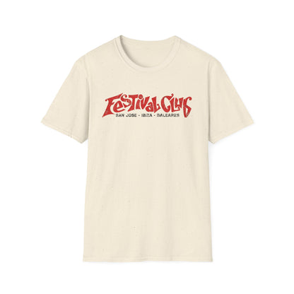 Cream t-shirt with red distressed "Festival Club San Jose - Ibiza - Baleares" graphic.