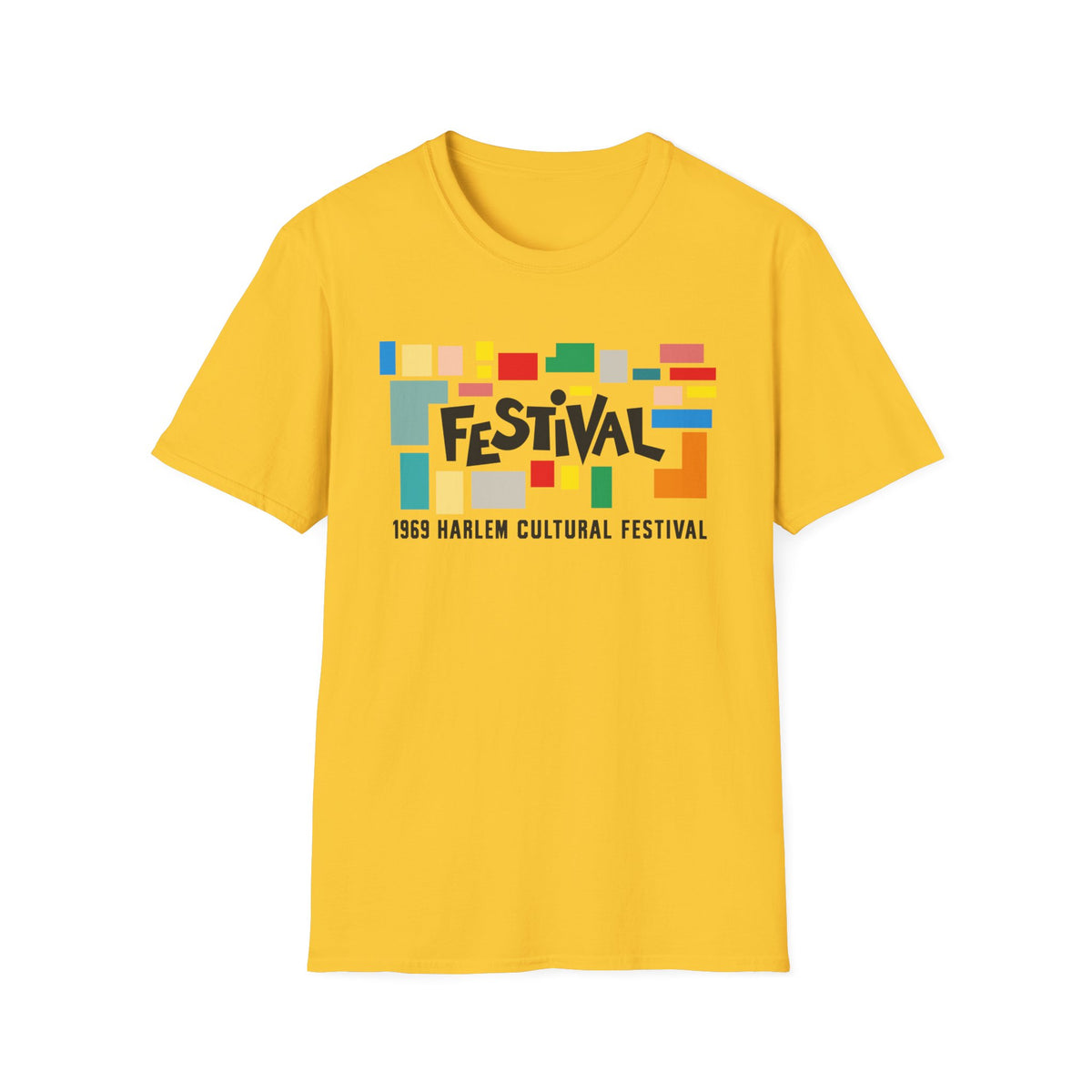 Yellow t-shirt with "Festival" and "1969 Harlem Cultural Festival" text.