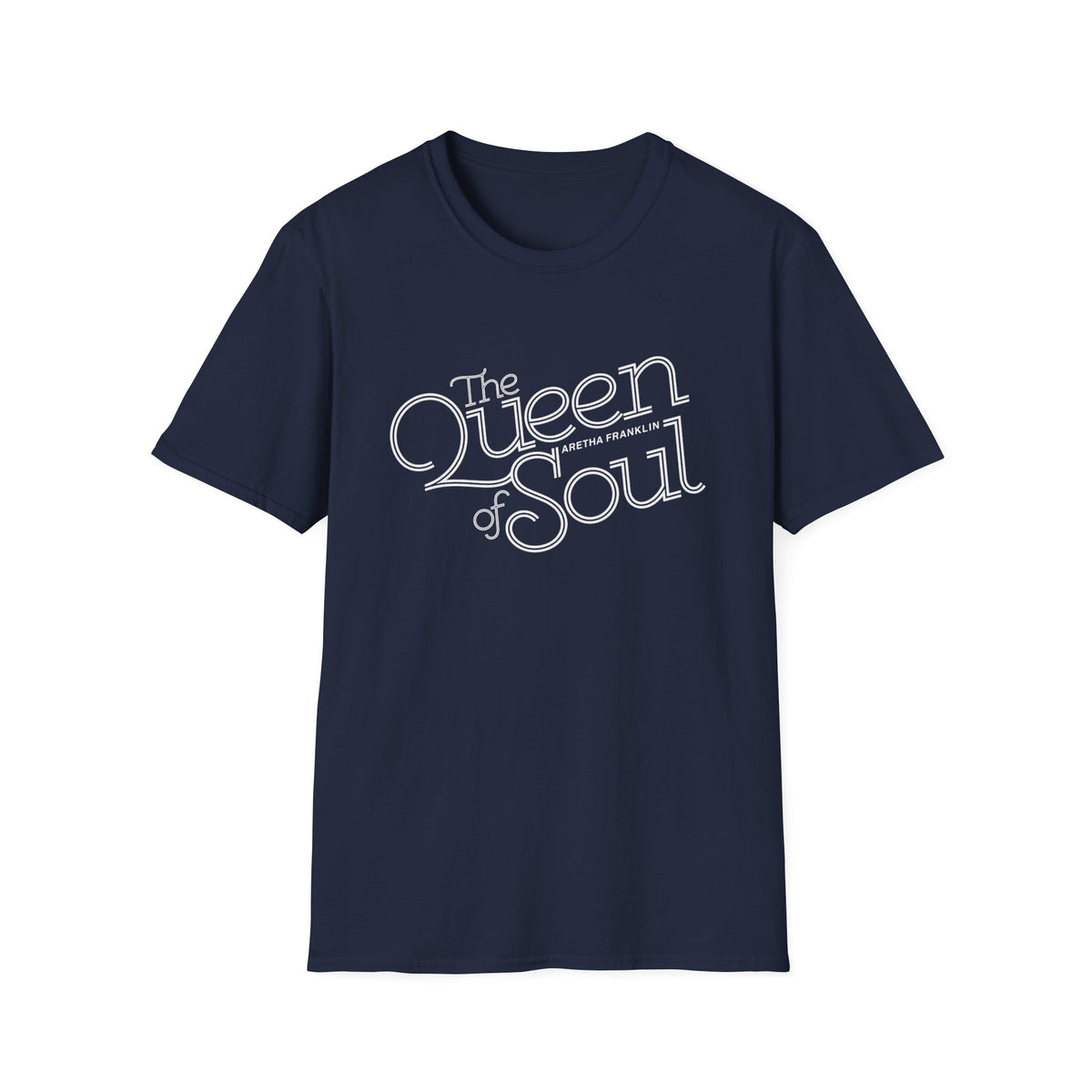 Navy t-shirt with white text: "The Queen of Soul Aretha Franklin".