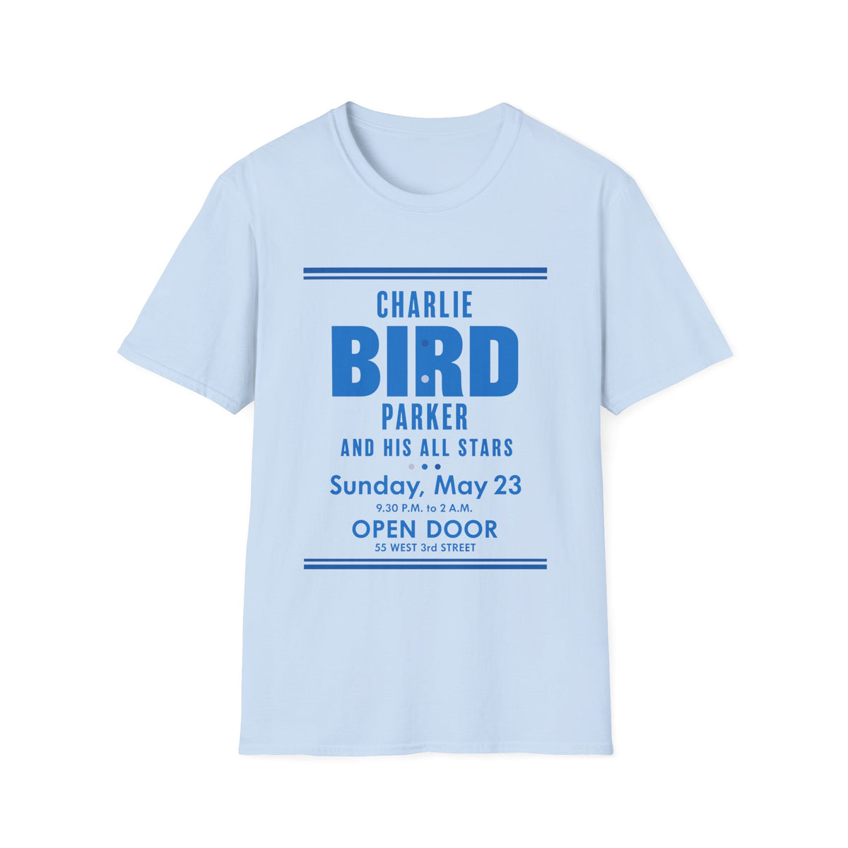 Light blue t-shirt with "Charlie Bird Parker and His All Stars" concert details.