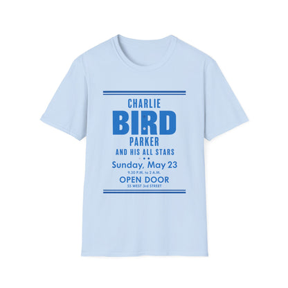 Light blue t-shirt with "Charlie Bird Parker and His All Stars" concert details.