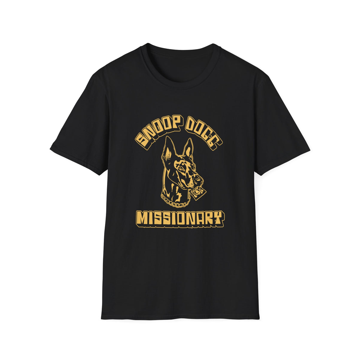 Black t-shirt with gold text and graphic of Snoop Dogg's head with a condom.