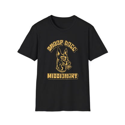 Black t-shirt with gold text and graphic of Snoop Dogg's head with a condom.