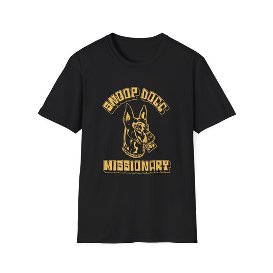 Black t-shirt with gold text and graphic of Snoop Dogg's head with a condom.