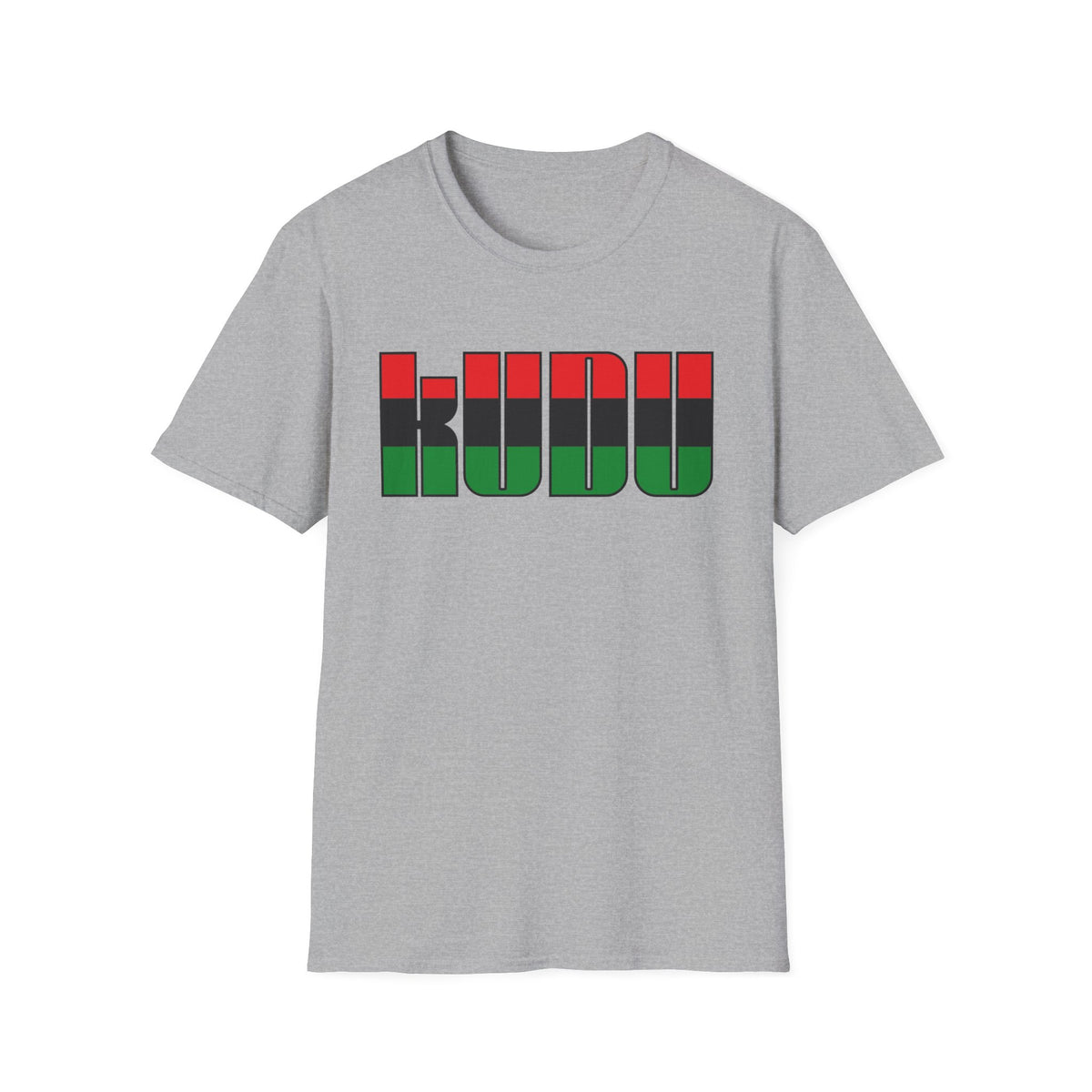 Grey t-shirt with the word "KUDU" in red, black, and green vertical stripes.