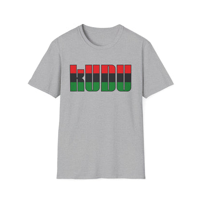 Grey t-shirt with the word "KUDU" in red, black, and green vertical stripes.