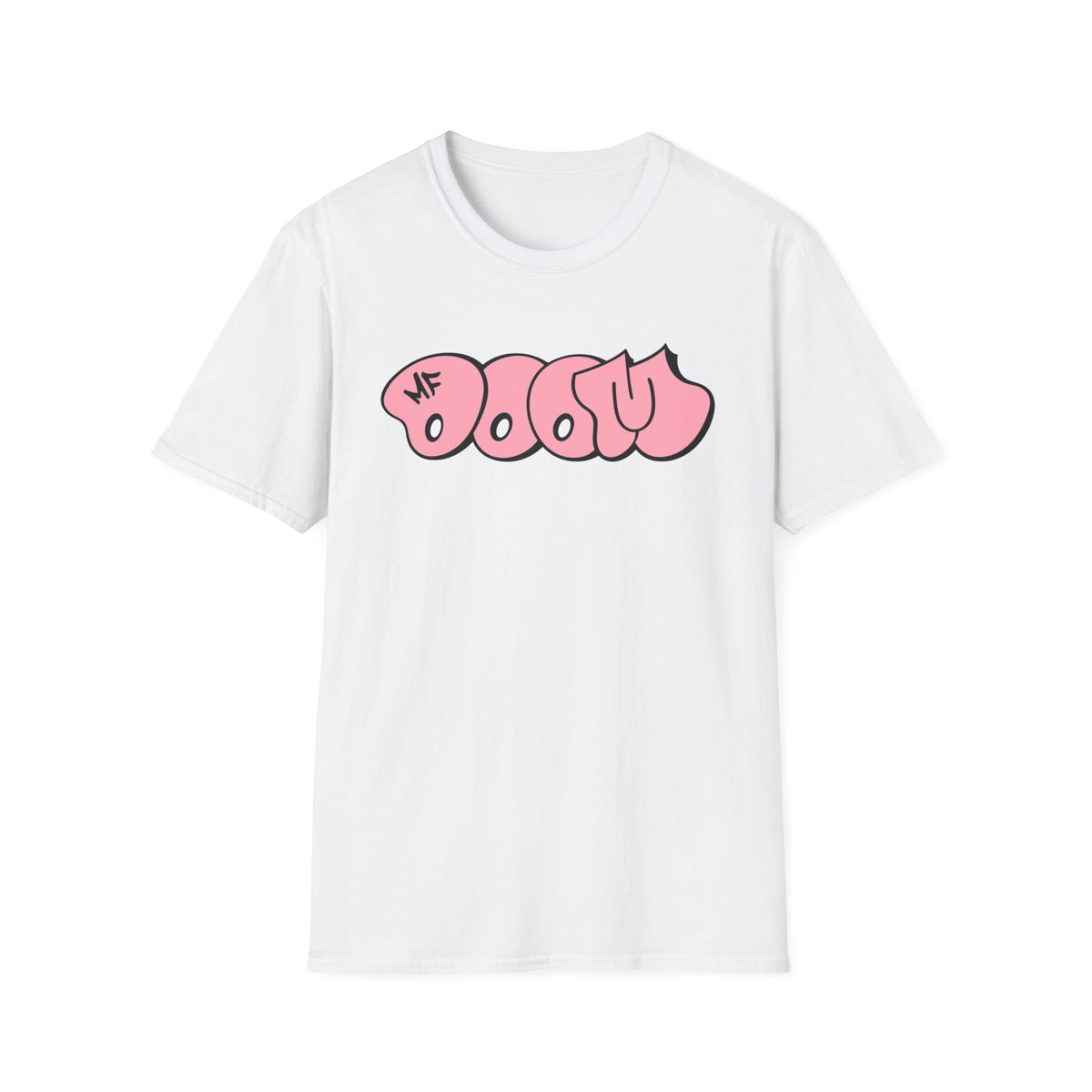 White t-shirt with pink "MF DOOM" graffiti-style text graphic.