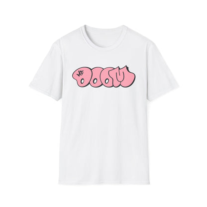 White t-shirt with pink "MF DOOM" graffiti-style text graphic.