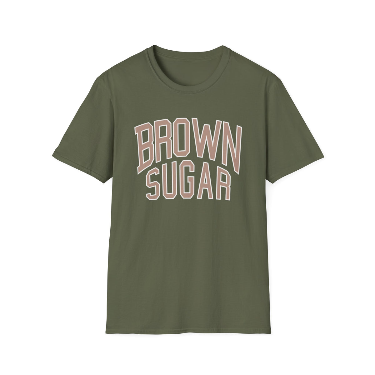 Olive green t-shirt with "BROWN SUGAR" text in tan and white.