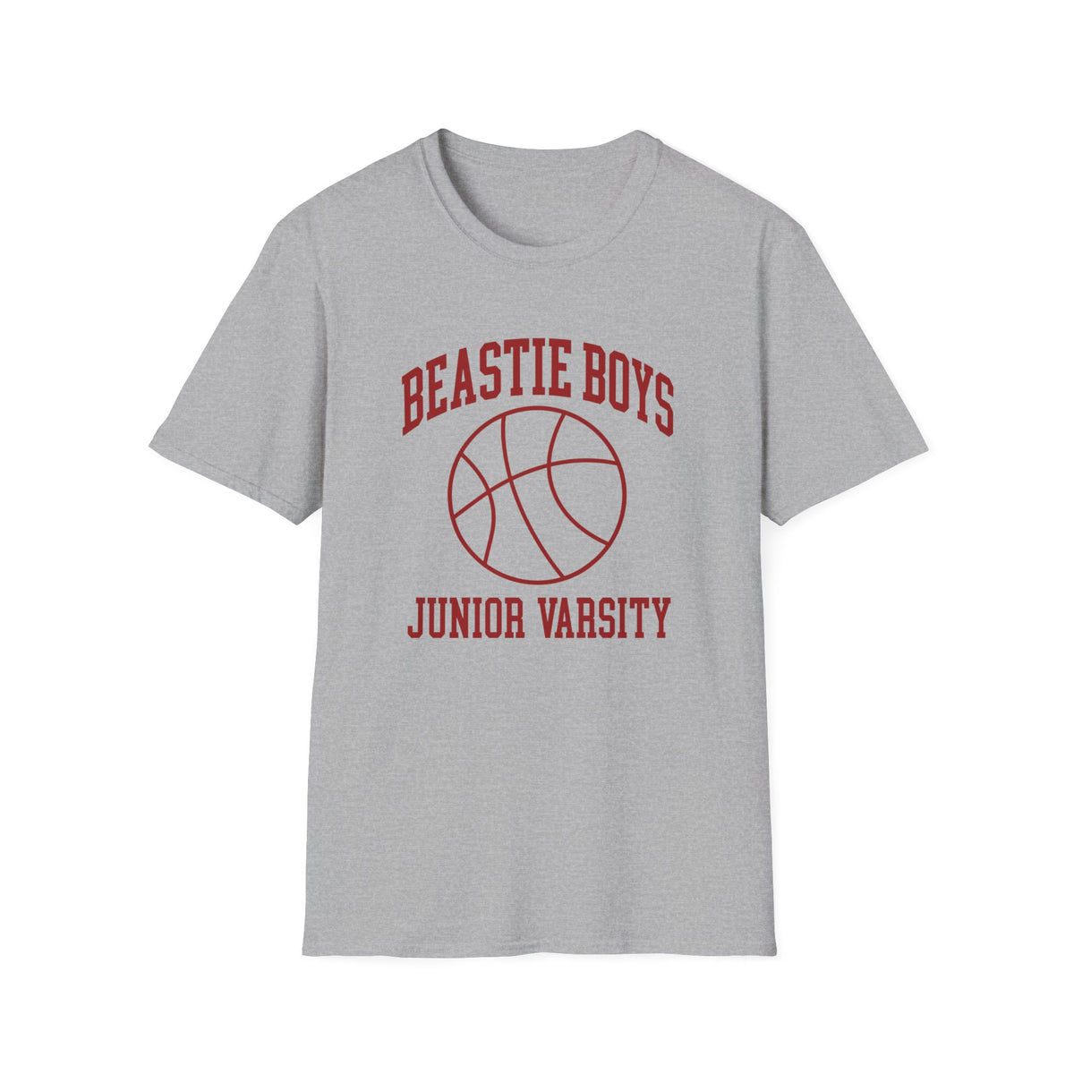 Grey t-shirt with maroon "Beastie Boys Junior Varsity" text and basketball graphic.