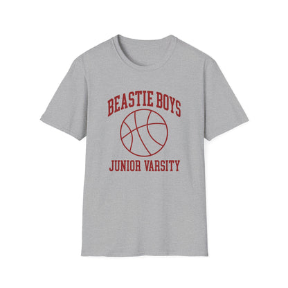 Grey t-shirt with maroon "Beastie Boys Junior Varsity" text and basketball graphic.