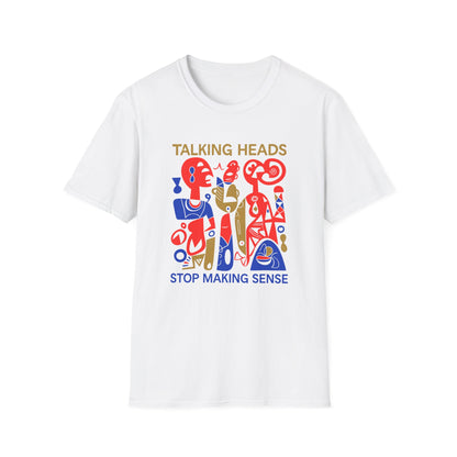 White t-shirt with Talking Heads Stop Making Sense graphic art in red, blue, and gold.