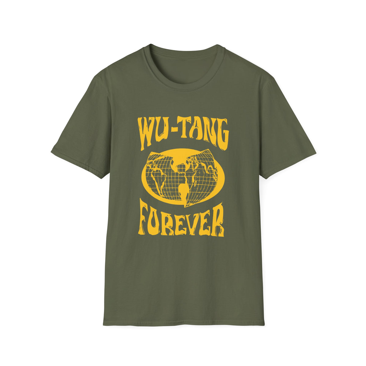 Green t-shirt with yellow "Wu-Tang Forever" text and globe graphic.