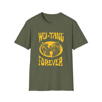 Green t-shirt with yellow "Wu-Tang Forever" text and globe graphic.