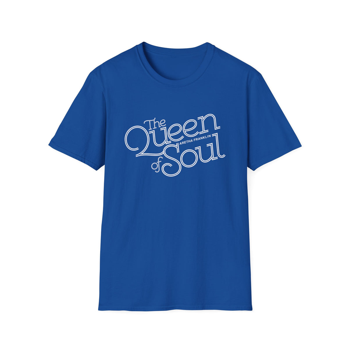 Blue t-shirt with white text "The Queen of Soul Aretha Franklin" graphic.