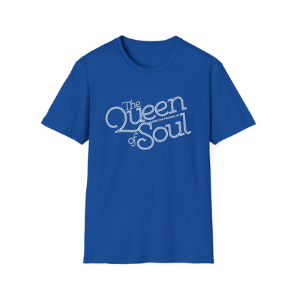 Blue t-shirt with white text "The Queen of Soul Aretha Franklin" graphic.