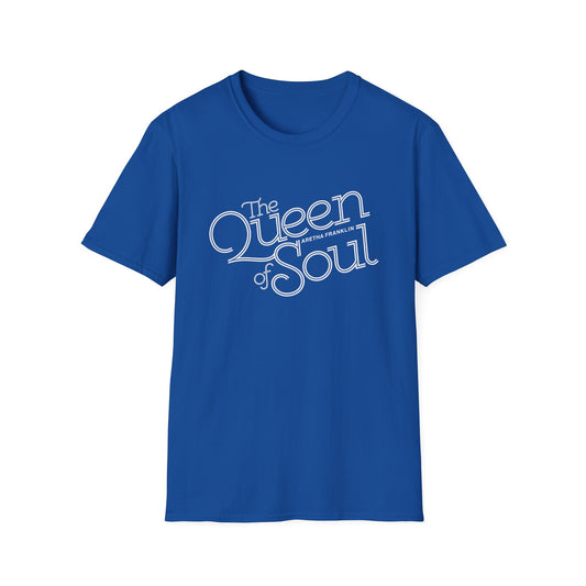 Blue t-shirt with white text "The Queen of Soul Aretha Franklin" graphic.