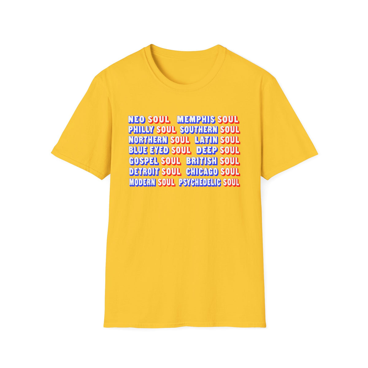 Yellow t-shirt with text listing various soul music genres