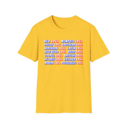 Yellow t-shirt with text listing various soul music genres
