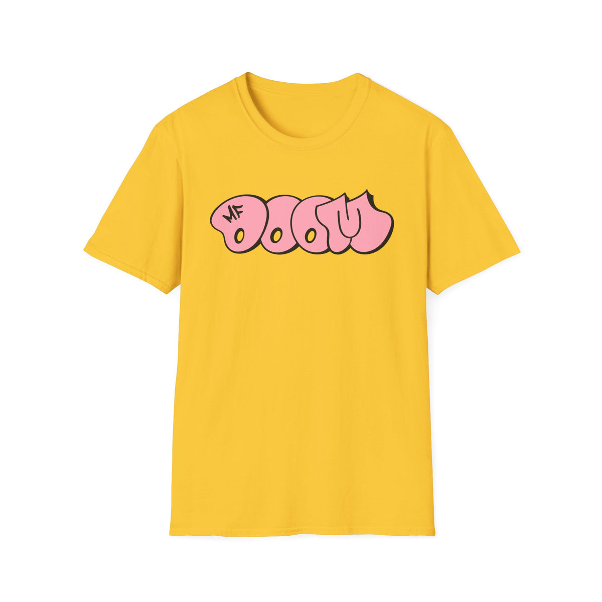 Yellow t-shirt with pink graffiti-style "MF DOOM" text.