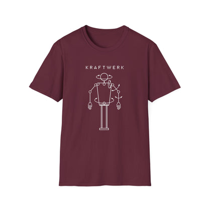Maroon t-shirt with white Kraftwerk logo and robot graphic.
