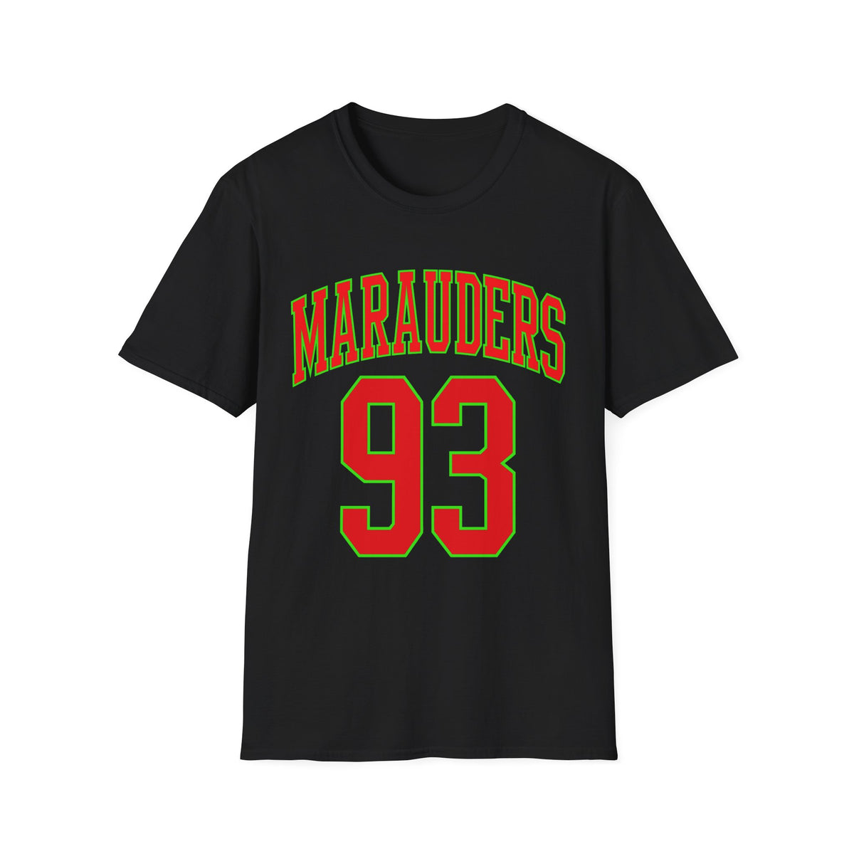 Black t-shirt with red and green "Marauders 93" graphic.