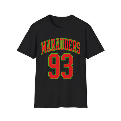 Black t-shirt with red and green "Marauders 93" graphic.