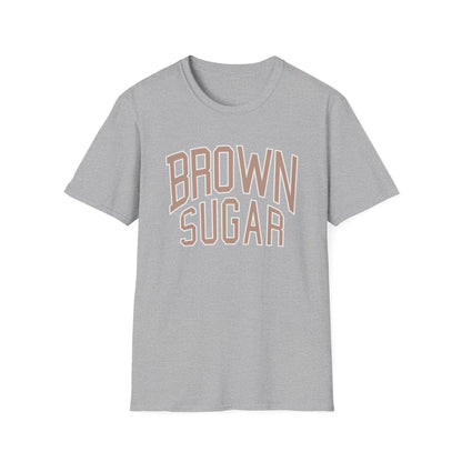 Grey t-shirt with "BROWN SUGAR" text in a collegiate font.