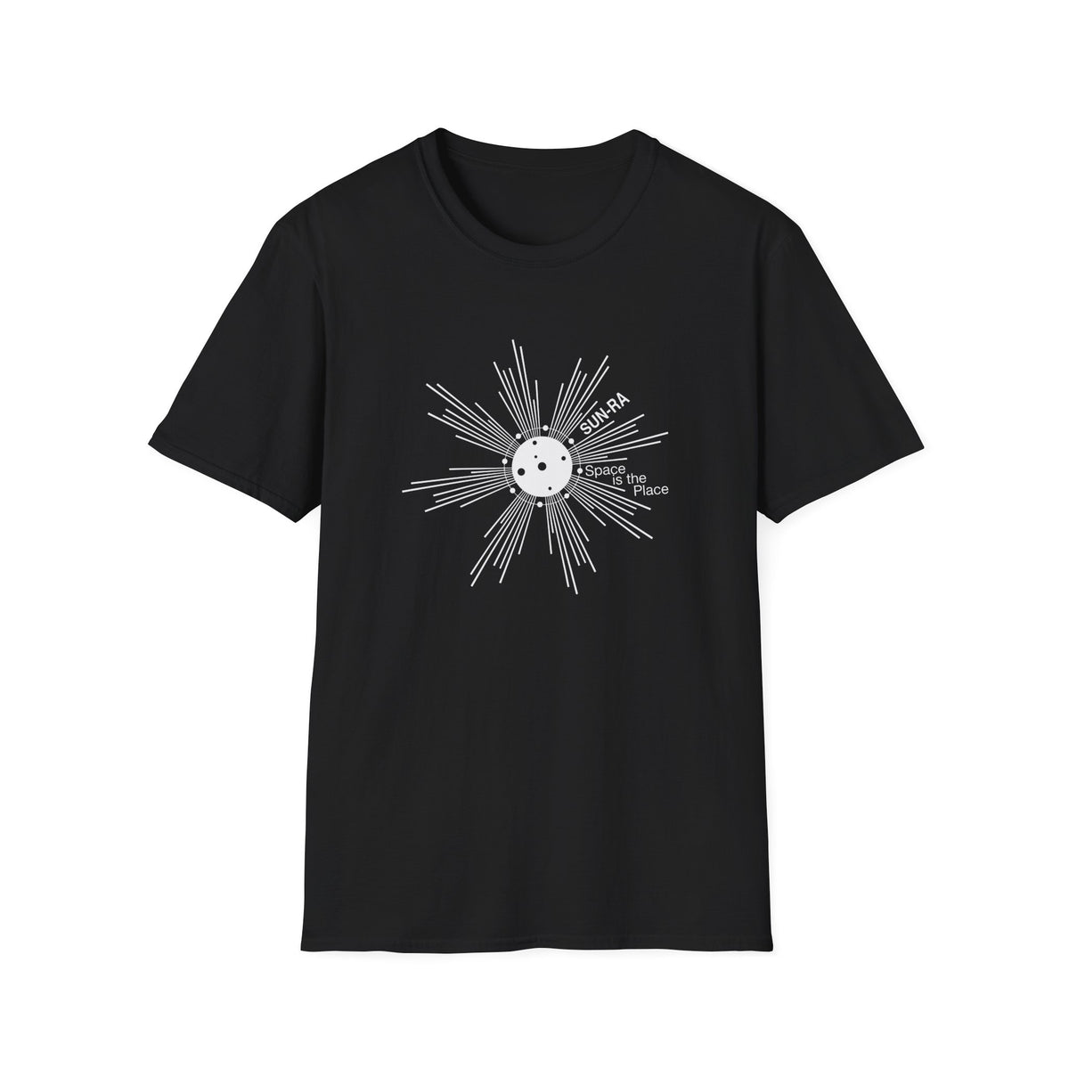 Black t-shirt with a white Sun Ra graphic and "Space is the Place" text.