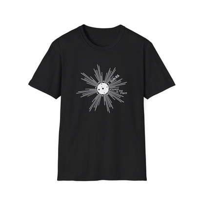 Black t-shirt with a white Sun Ra graphic and "Space is the Place" text.