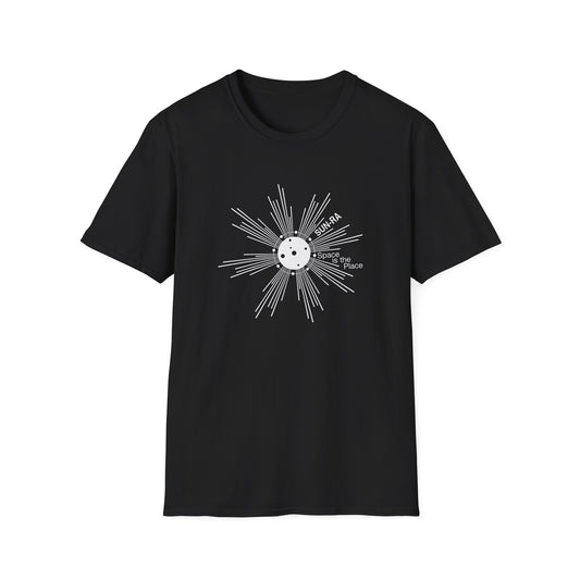 Black t-shirt with a white Sun Ra graphic and "Space is the Place" text.