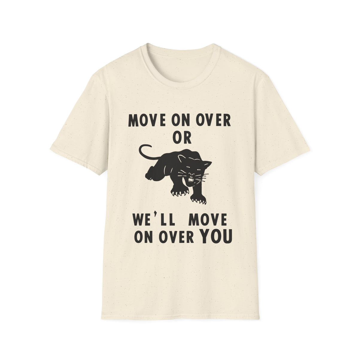 Cream t-shirt with black text and a black panther graphic.