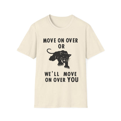 Cream t-shirt with black text and a black panther graphic.